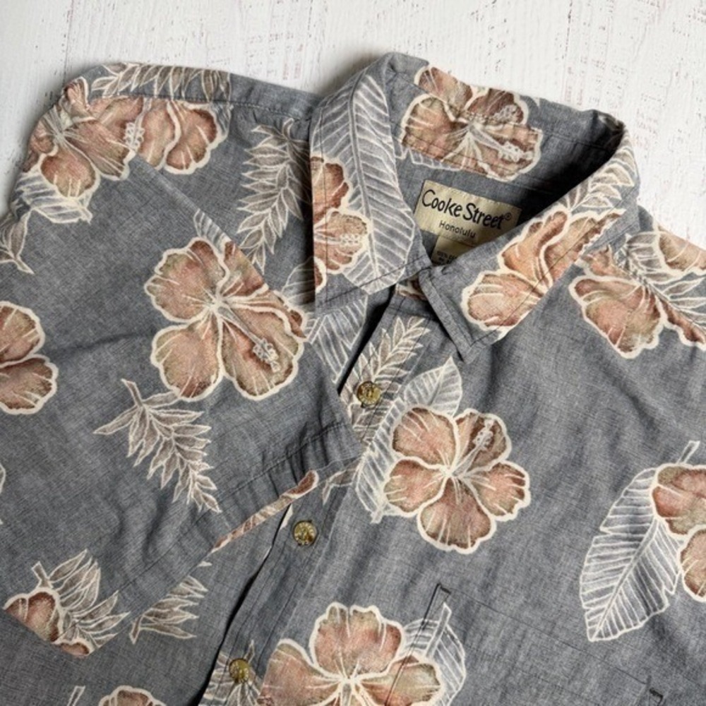 Cooke Street Honolulu Aloha Hawaiian Camp Shirt Gray Floral Cotton Men's XL